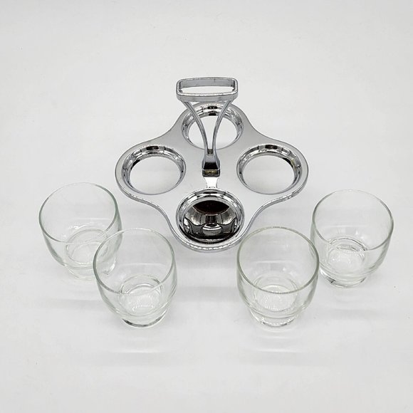 Vintage Metal and Teak Wood Condiment Caddy with Glass Bowls - Picture 4 of 6